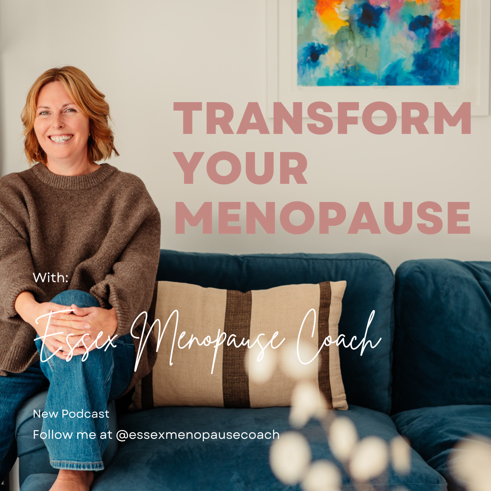 Julie, the Essex Menopause Coach, smiling warmly while seated on a sofa, representing a comfortable and approachable menopause support service