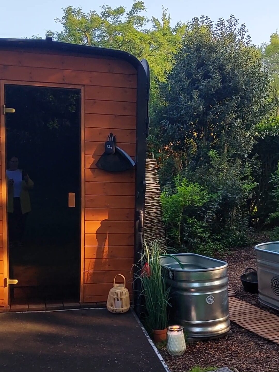 Outdoor sauna and cold plunge setup at menopause event in Essex